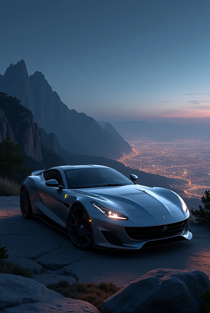 a car at the viewpoint where you can see the big city, on a beautiful, starry night