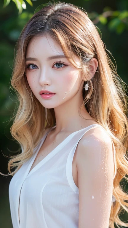 Highest quality, 8K, smile, Light pink hair, Pink Eyes, Pink and white, Cherry leaves, Vibrant colors, White Dress, Paint splashes, Simple Background, Ray Tracing, Wavy Hair