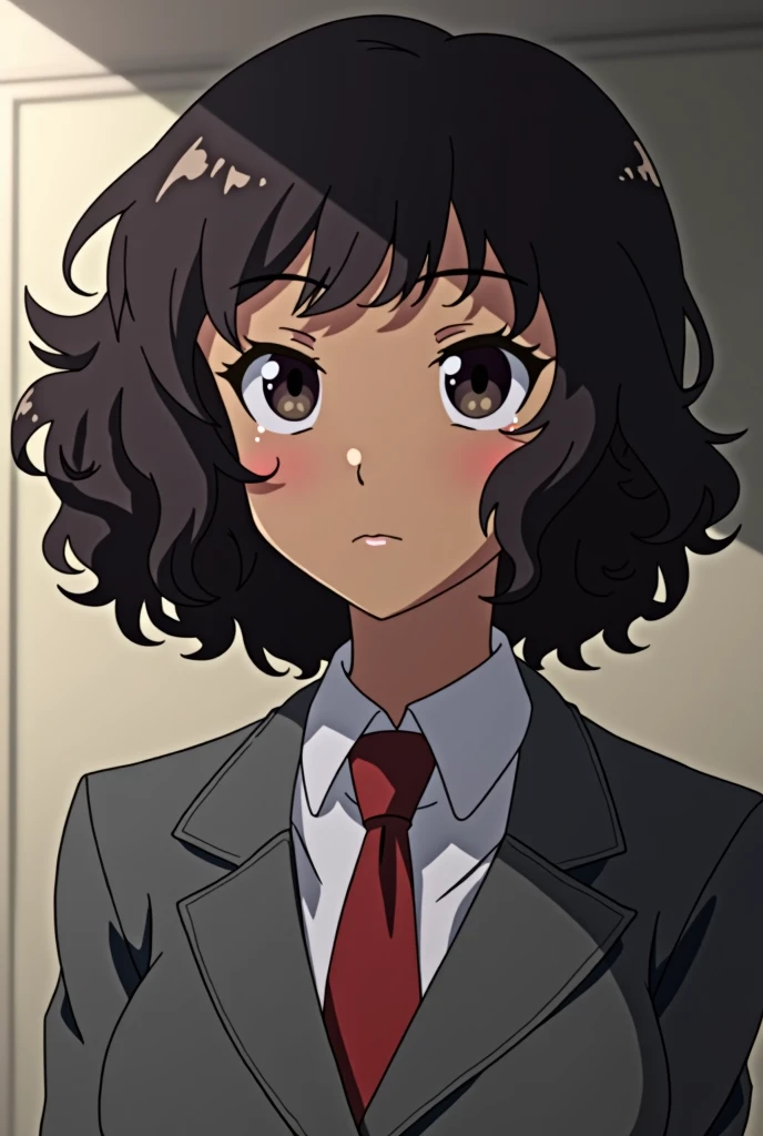 Boku no hero academia screenshot, beautiful woman, dark brown skin tone, dark brown curly hair, slanted eyes, dark eyes, relaxed expression, uniform gray coat red tie