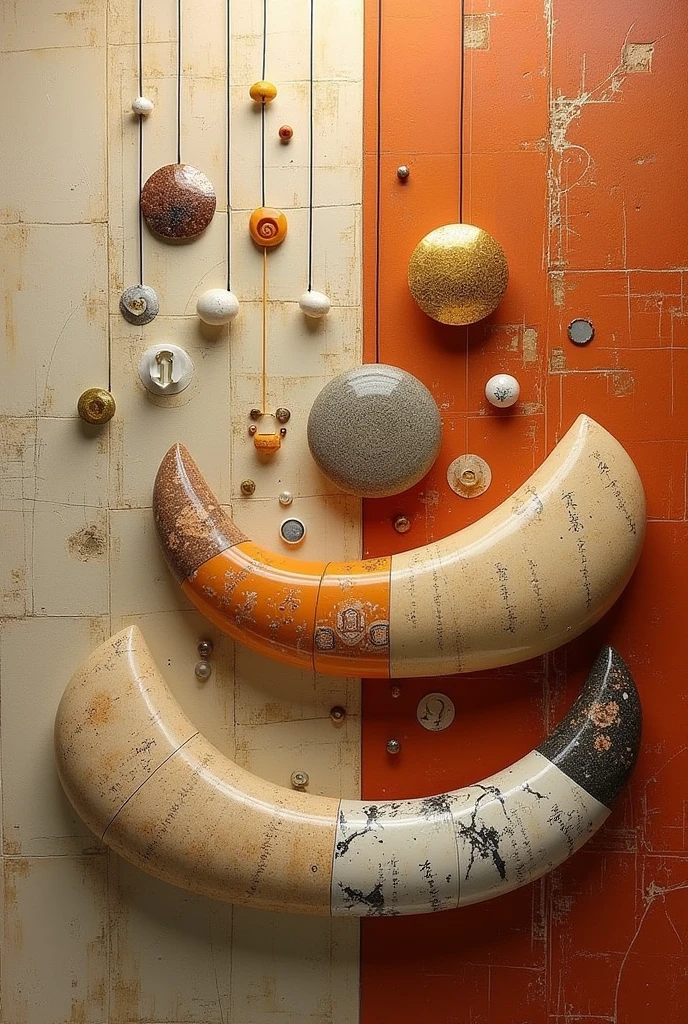 Describe: This 3D mixed-media artwork showcases a fusion of Japanese and Nordic aesthetics. Key features include:
1. Canoe-like panels:
- Made of stone and ceramic
- Elongated, dome-like shapes
- Organic inscriptions and speckled textures
- Colors: sand, camel, and cream
2. Suspended metal mobiles:
- Asymmetrical design with wide arms
- Adorned with mirror-like pieces, seashells, and abalone
- Incorporates Sami cultural symbols
3. Artistic techniques:
- Oil painting with crackled effects
- Glossy embossed textures
4. Lighting:
- Warm tangerine and burgundy hues
- Abstract light patterns creating a luminous effect
The artwork harmoniously blends traditional craftsmanship with contemporary expression, resulting in an eclectic and visually striking exhibition piece.