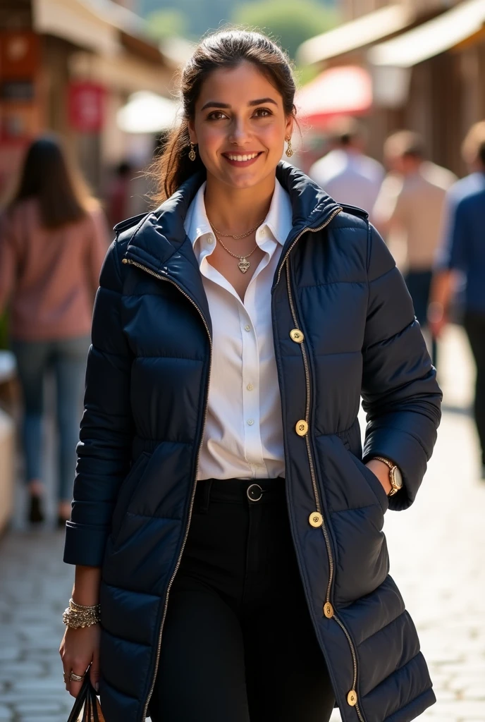 Full body beautiful white curvy hourglass body shape italian woman, 5'8" tall, medium ponytail brown wavy hair, deep brown round eyes, wearing zipped up dark blue collared quilted nylon parka down jacket with golden buttons, black straight pants, rolled up sleeves, zipping up jacket, up collar, collared white formal open button down blouse under jacket, black turttleneck collar shirt under blouse, light pink silk scarf, happy smile, walking on free market, knee boots, summer sunny day, bag, watch and bracelet, neck chain, ear rings
