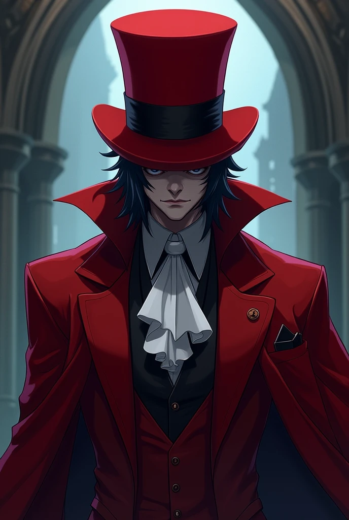 Create the image of a vampire with a suit and a top hat all in red, with rpg theme make it anime style, cover your eyes with the top hat