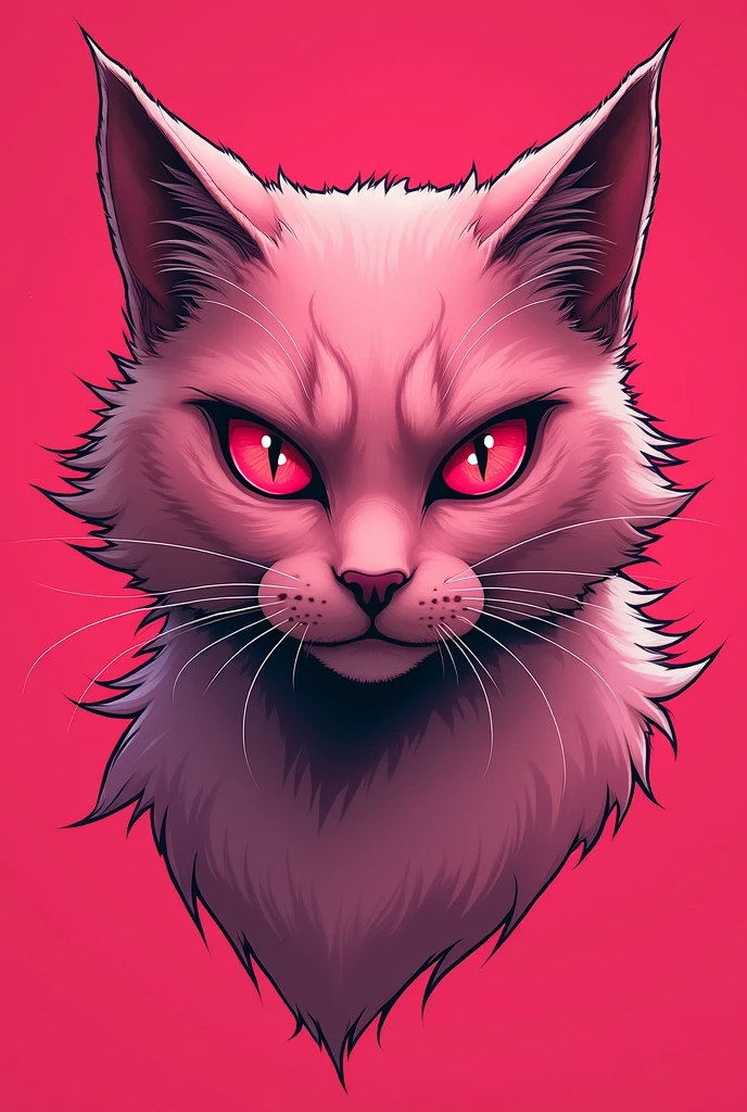 An icon of a pink fur cat head, red eyes and pointed whiskers, The cat inspires sensitivity and mysticism. The cat looks ahead, the background should be pink or red, The cat is like a comic or cartoon, I want the cat to inspire fear, elegance and exclusivity