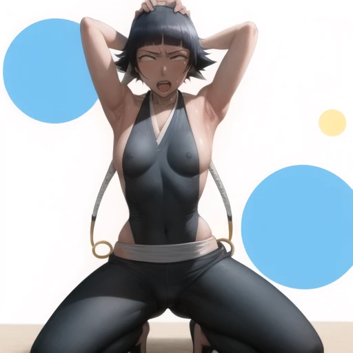 ( Animation screenshots:1.1), exposure, 1 female, Solitary, Black Hair, Side breastity, short hair with long locks, Japanese Clothing,  Hip vents, No underwear,short hair, Small Breasts, No s, Also available in black, low twin braids,Facing the audience, looking at the audience, tired, from below, (Exposed armpit:1.1), ((armpit:1.2)), Sweating, More and more sweat,(ahegao), (Roll your eyes), Naughty face, blush, open mouth, Sticking out tongue, saliva, Slobber,Skinny, raise arms,full body, kneeling, Runny nose, drooling, (muscle 1.4),(arms above head:1.5), Look at the audience, Tongue, saliva, Slobber, Saliva Brushed, White eyes, White eyes球, syncope, Desperate mouth, 吐Tongue, 翻White eyes, Tongue.