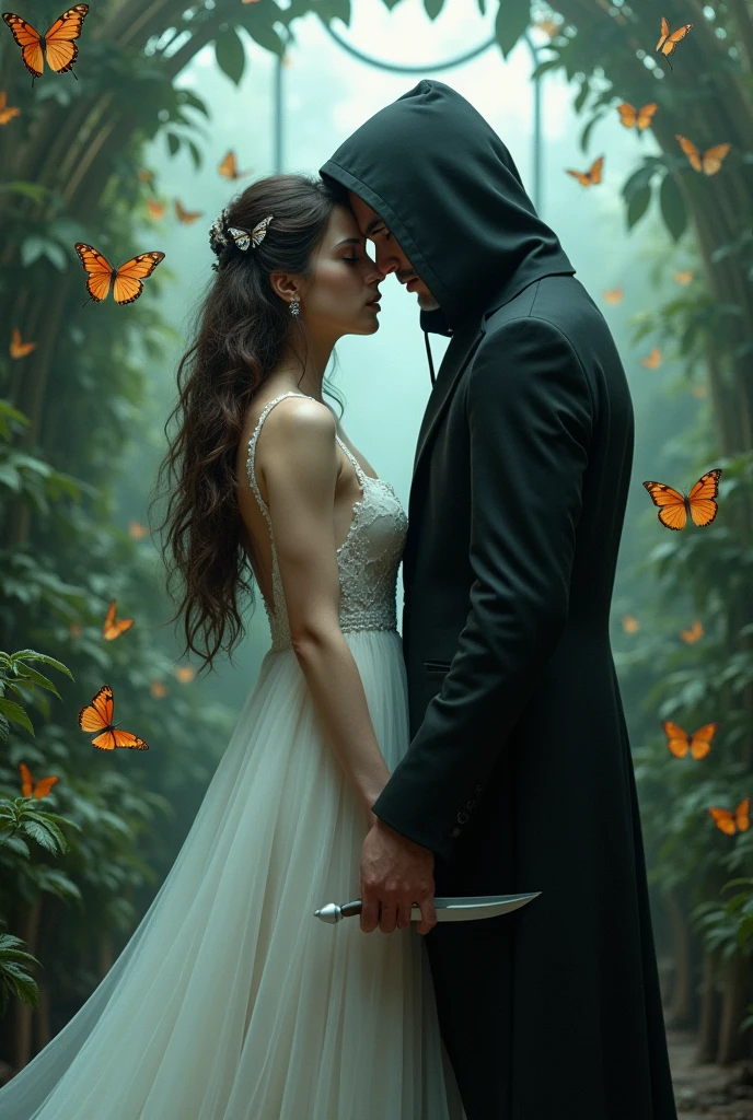Create an image where a boy and a girl are inside a butterfly house. She has a white nightgown and long hair.. The boy has a black hooded suit. She has her back to him while he speaks in her ear. more realistic and both are separated. They are both adults. MORE ADULTS AND HE IS BEHIND HER. BOTH SEPARATED AND MORE BUTTERFLIES. SEPARATED PLEASE LET THEM BE SEPARATED. more butterflies and the girl is holding a dagger