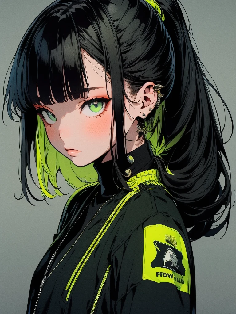 A young woman, aged 22, exuding a mature, serious, and mysterious aura. 165cm height, portrait shot, She has an oval face, she has long hair styled in a high ponytail, with long bangs that are parted either in the middle or to the side, framing her face elegantly. Her outfit is modern and hip-hop inspired, featuring a stylish jacket with green accents, over a cropped top and baggy pants. The ensemble is completed with sleek sneakers, giving her a dynamic yet poised look. Her expression is sharp and focused, with an underlying elegance. The background showcases a futuristic cityscape. The overall style is realistic, with high-quality rendering and extremely detailed hair and clothing textures.