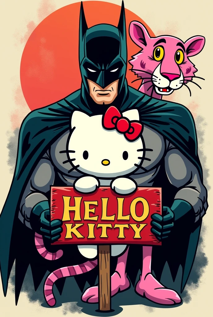 Tattoo of batman and the pink panther holding a hello kitty sign