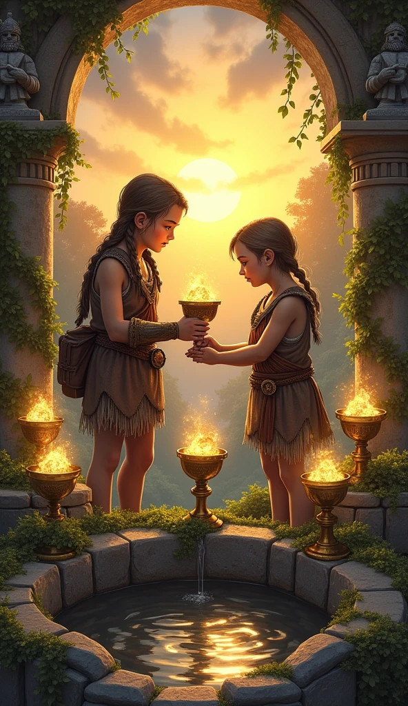 Design the '6 of Chalices' for the Primal Sorcerer Tarot, set in a mystical, ancient garden under a golden sunset. In the center, two young children dressed in rugged, barbaric attire share a moment of innocence and nostalgia. One child, a girl with braided hair, hands a chalice filled with glowing, magical flowers to a boy, both standing by a weathered stone fountain. Surrounding them are five more chalices, each brimming with the same luminous flowers, arranged on moss-covered pedestals. The atmosphere is warm and serene, with ancient stone statues of warriors and sorcerers partially overgrown with vines, symbolizing the blending of past memories with the present. The sky is tinged with hues of orange and purple, casting a nostalgic glow over the scene, emphasizing themes of reflection, memory, and the bittersweet nature of time.