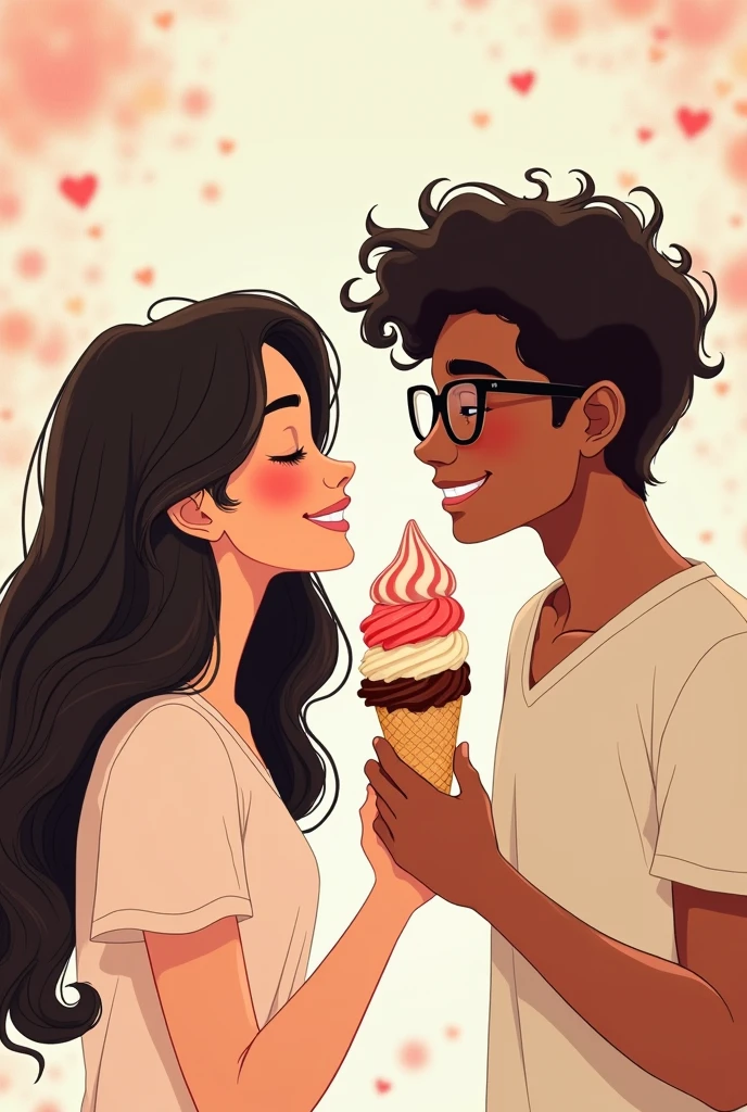 Drawing of Neapolitan ice cream and a happy couple, the white woman like paper with long wavy black hair and the black skinned man with black curly hair wearing glasses
