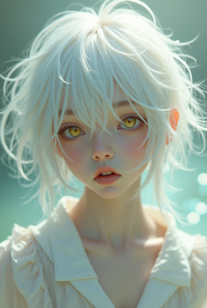 A boy with messy white hair that almost covers his eyes and he has light yellow eyes and is a femboy