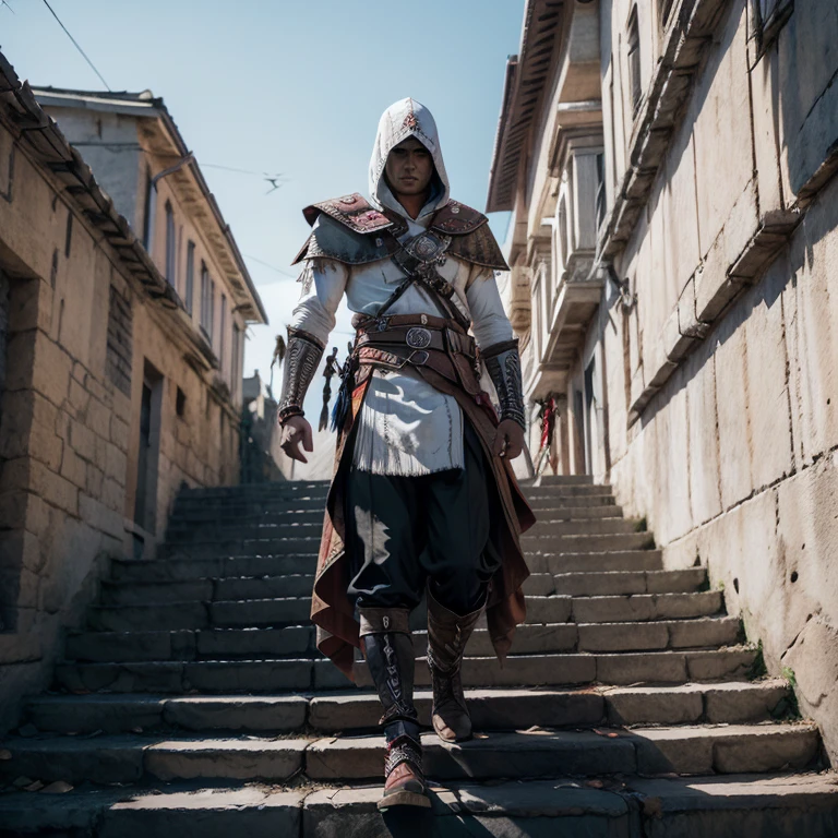 solo,  Aztec warrior wearing an aztec eagle warrior outfit, long_sleeves, full_body, weapon, male_focus, boots, outdoors, day, belt, sword, pants, hood, cape, black_footwear, sash, bird, shaded_face, building, sheath, hood_up, sheathed, stairs, vambraces, weapon_on_back  