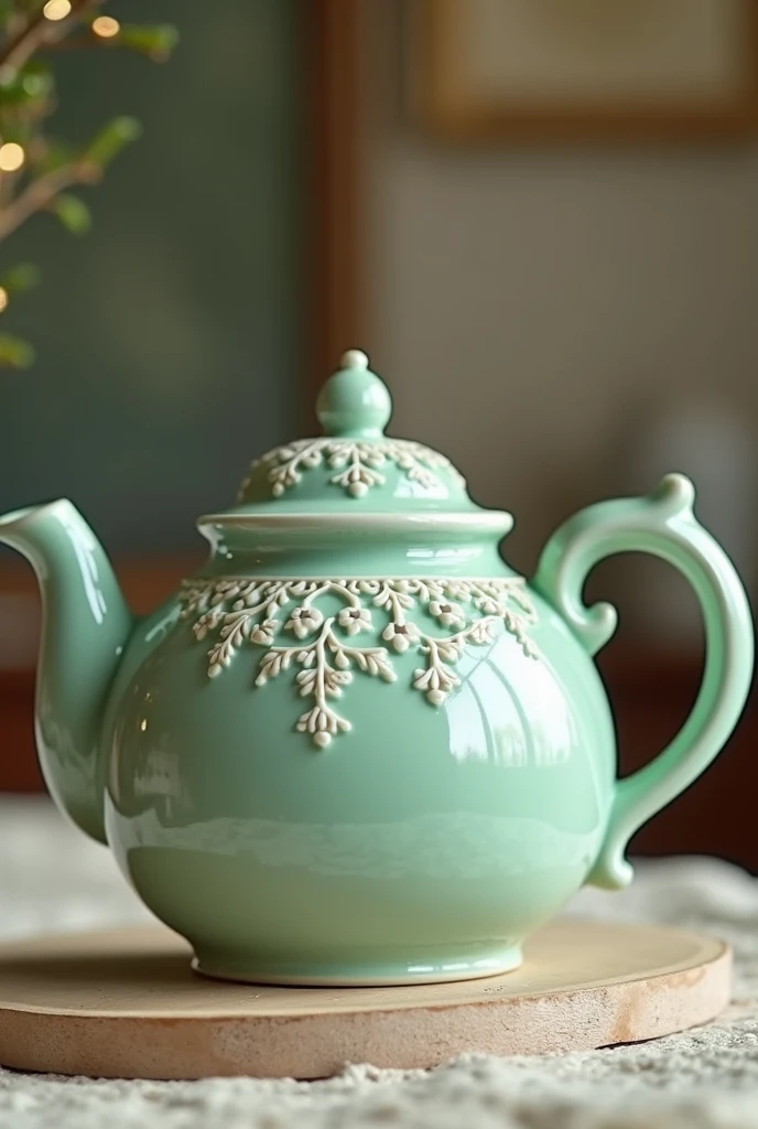 A ceramic teapot with a rounded, antique shape, featuring a delicate lace-like pattern etched into the surface. The soft, mint-green glaze gives it a fresh, cute appeal, while the vintage handle and spout add an old-world charm, perfect for a whimsical tea setting.
