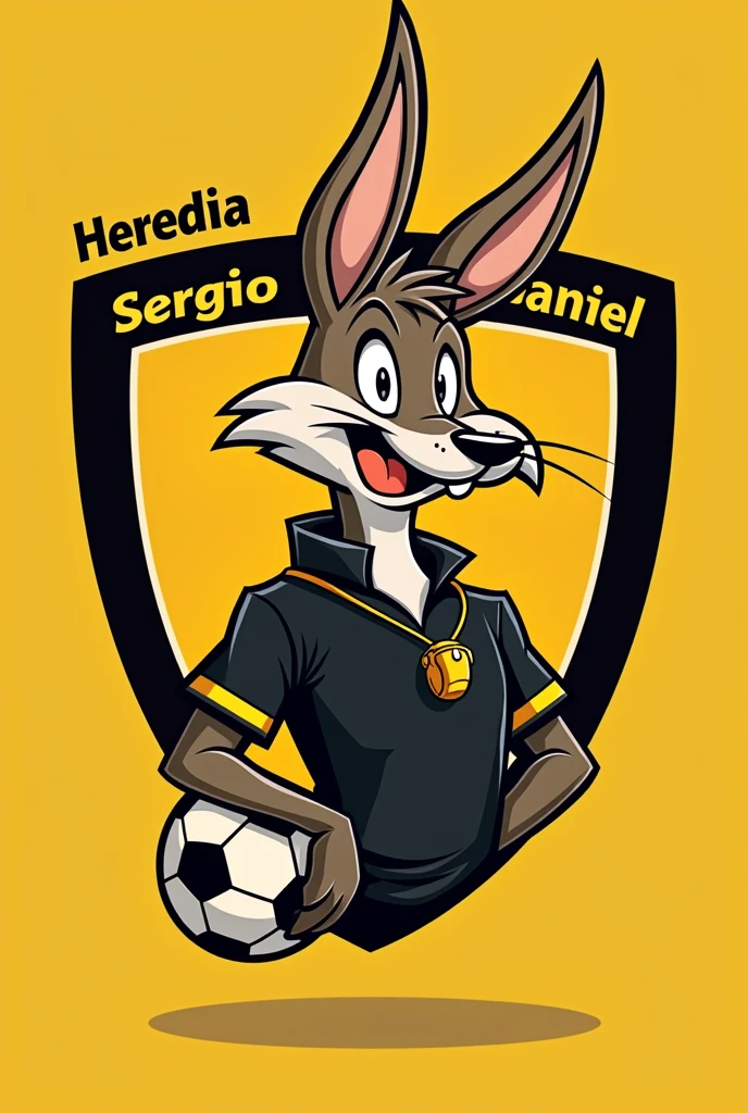 It has to be a logo of a football coach, The color preference is yellow and black. It should say HEREDIA SERGIO DANIEL , He has to be a football coach, not a player. The coach must be the coyote. It has to be the coyote from the looney tunes. There has to be a soccer ball even if it&#39;s in the background