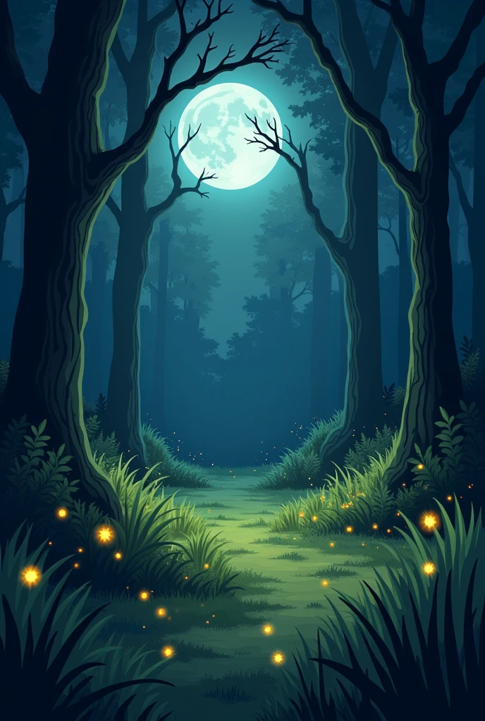 **Small Clearing**: A small clearing in the forest with overgrown grass and a spooky atmosphere, illuminated only by dim moonlight in cartoon 