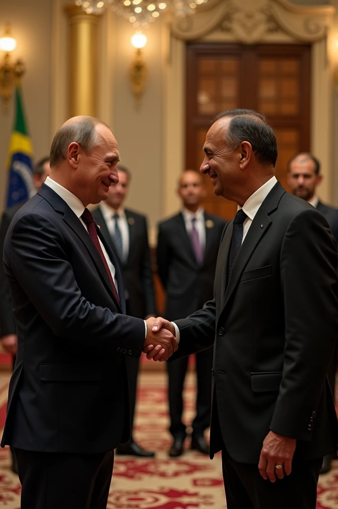 Vladimir Putin shaking hands with Lula from Brazil 
