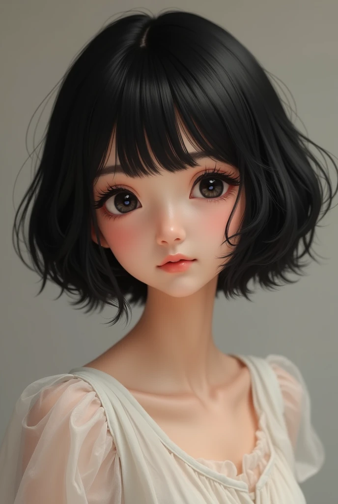 Trimmed center parted bob for girl with black hair and black eyes 
