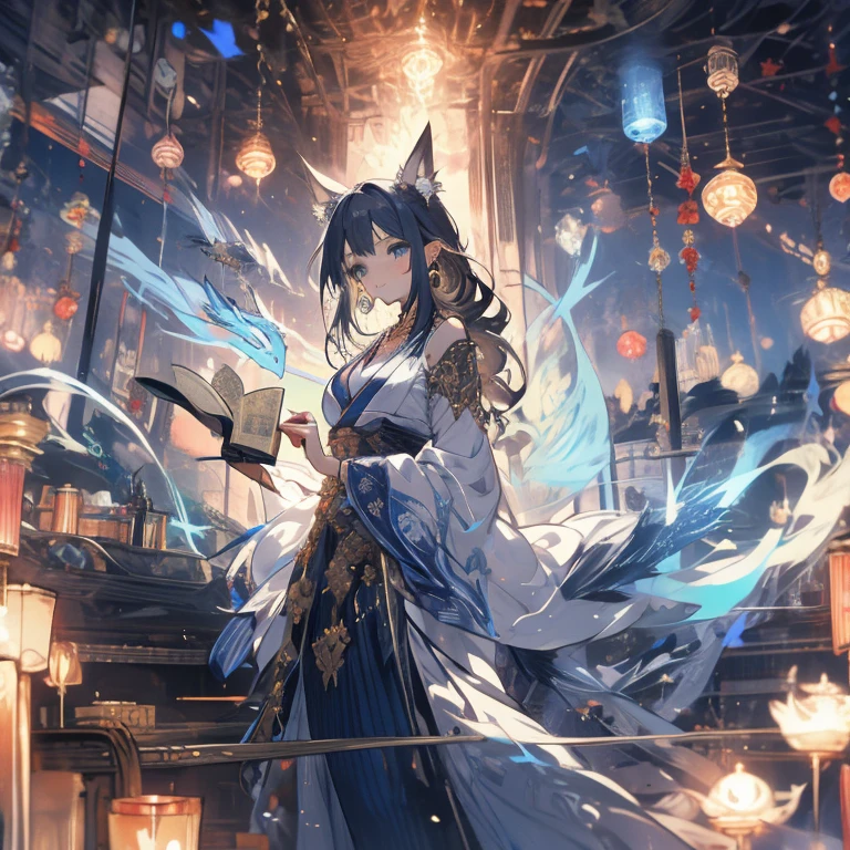 (masterpiece, Highest quality, Very detailedCG, Beautiful attention to detail, Very detailed, Intricate details:1.2), 8k wallpaper, Elaborate features,
(One girl, alone:1.4),  Long Hair, Striped Hair, Fairy,  View your viewers,  blue eyes, Earrings,   panties, Ankle Bracelets,  Large Breasts, Mysterious, necklace,Cane, Severe, 
 Blue Flame, feather, bird,Magical Surroundings,魔法のCane, Magic Ball, Book,Pages flying through the sky,magic circle,incantation, night, dark