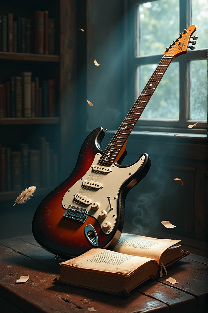 Create a drawing of the combination of an electric guitar with a book