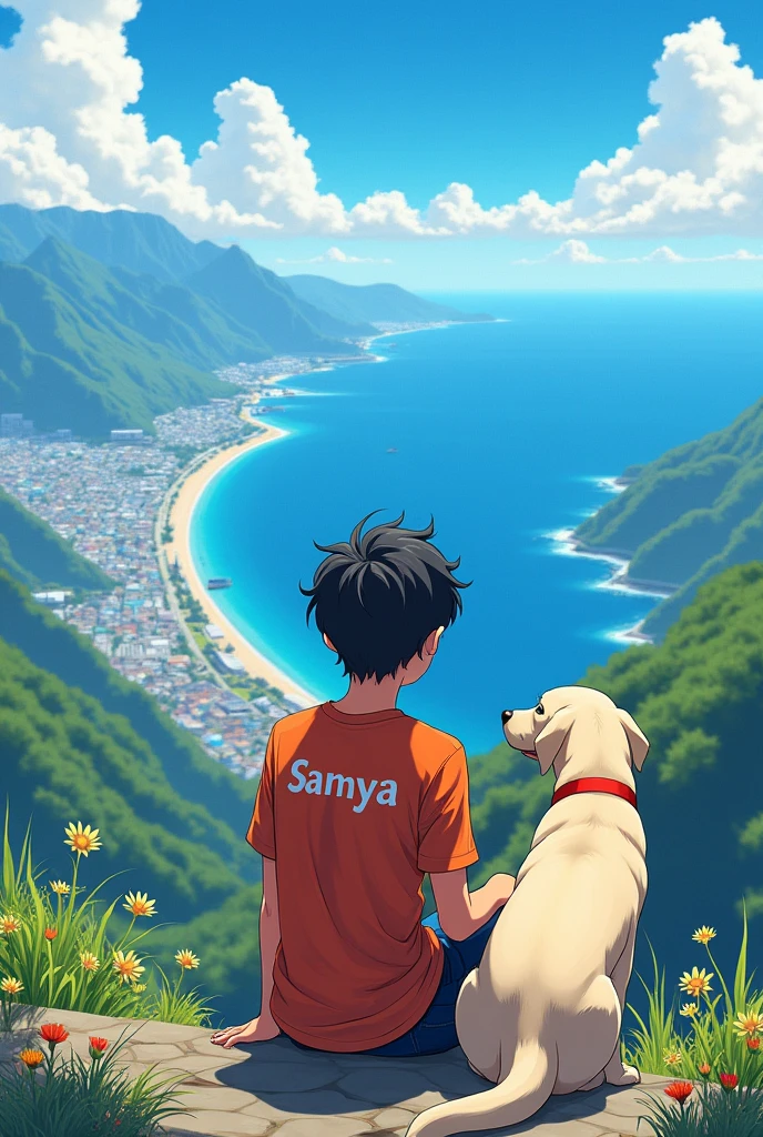 a Ager anime boy sit on mountain on the back of his shirt is written samya he see all the city and sea her hand on a labrador dog in a very summer day