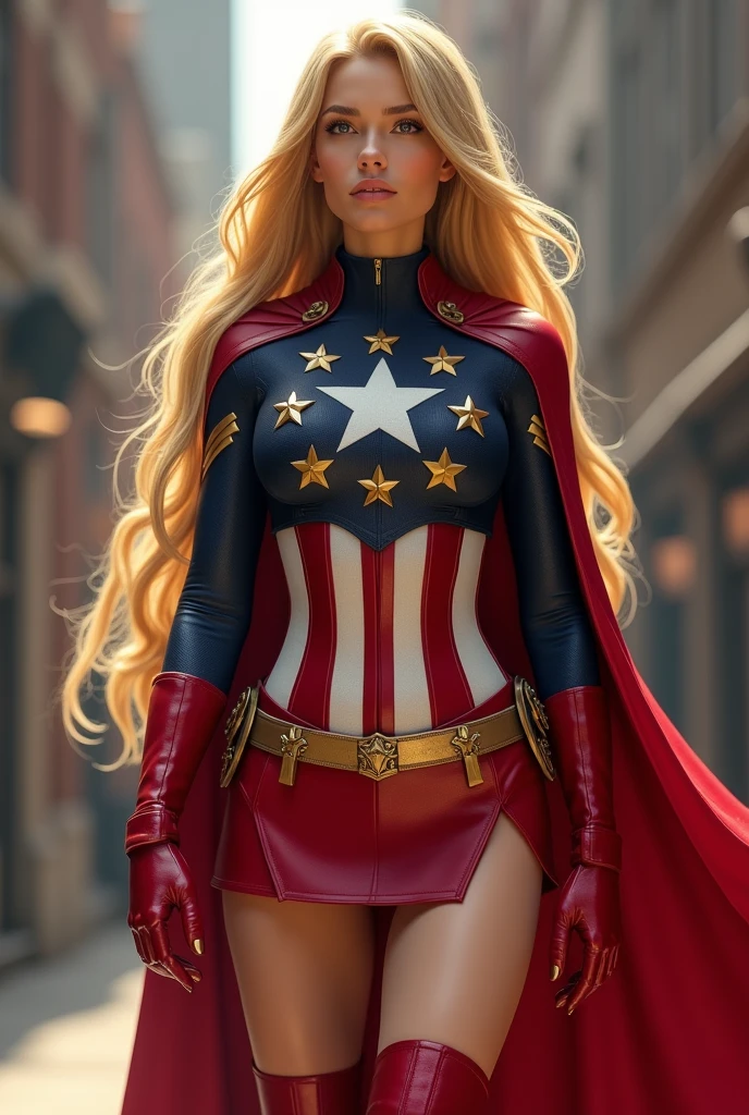 (photorealism:1.2), beautiful blonde woman, patriotic superhero, lanky frame, small breasts, muscular, extremely long blonde hair, All-American, red and white stripe cape, white star on the chest in a ring of gold stars, red and white stripe miniskirt, thigh high red boots, long red gloves, dark blue top with long sleeves, gold utility belt, Katherine McNamara