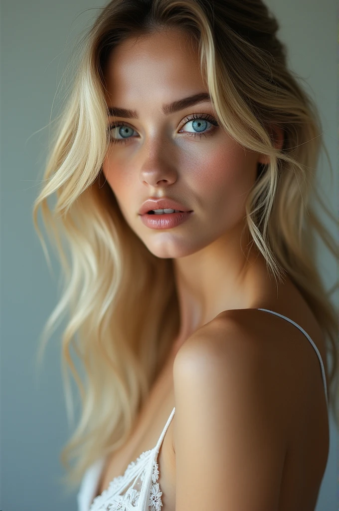 Create a blonde with blue eyes semi nude