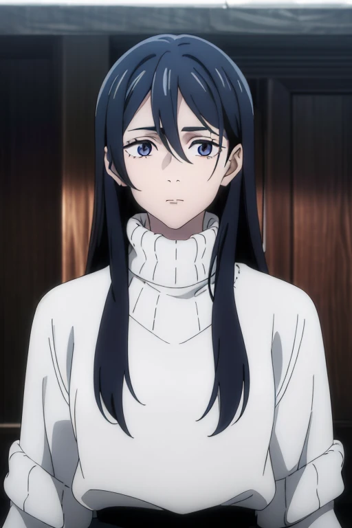 (masterpiece), (best quality), (ultra-detailed), (best illustration), (best shadow), (absurdres), long hair, black hair, ((white eyes)), oversized sweater, 1girl, solo, messy hair, closed mouth, long sleeves, looking at viewer, upper body, Hair Between Eyes, pale blue eyes, white puplils,