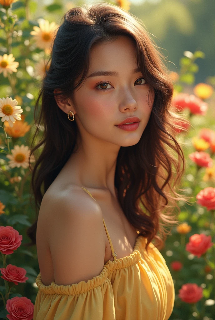 detailed portrait of a beautiful young woman, 1girl, extremely detailed face, detailed eyes, detailed nose, detailed lips, long eyelashes, flawless skin, elegant expression, flowing hair, dynamic pose, serene outdoor garden setting, lush greenery, colorful flowers, warm sunlight, photorealistic, highly detailed, 8k, masterpiece, digital painting
