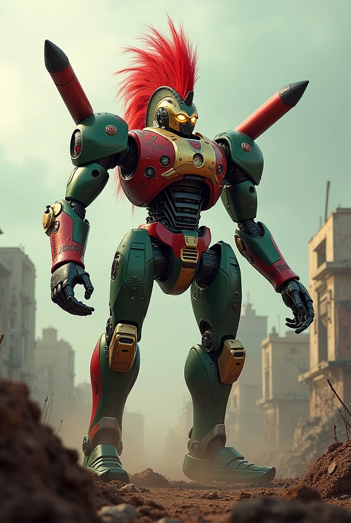 Create a Mexican robot in an apocalyptic scenario, that has a plume and that has missiles