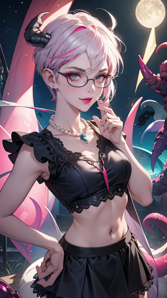 8k, masterpiece, best quality, highly detailed, 1 girl, tiefling, warlock, pixie cut, multicolored hair, very short straight hair red highlight hair on white hair, strippled hair, wearing glasses, round glasses, earrings, navel piercing, red eyeshadow, long eyelashes, blushed cheek, red lips, pearl necklace, rings, collarbone, mole on face, glamorous, teal and purple clothes, sleeveless, miniskirt, smirk, close up view, rings, looking at viewer, demon horns, solo, starry sky, pale blue moon, standing, boxing stance, demonic arms, chains on the background.