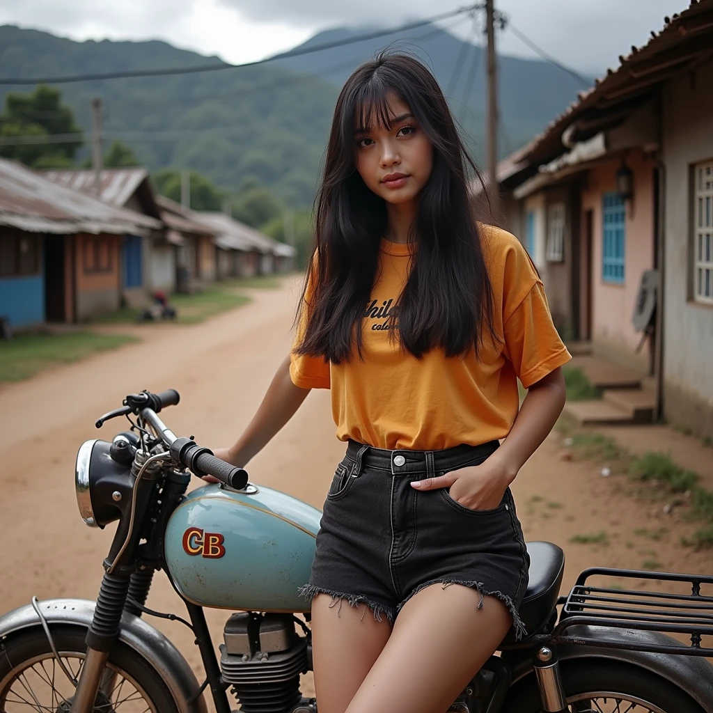 yo, (East Nusa Tenggara woman with long black hair:1.36), (wearing an orange-yellow t-shirt, black short jeans:1.3), standing next to an old CB motorbike with a light blue tank, background of a village and mountains, highly detailed portrait, photorealistic, beautiful detailed eyes, beautiful detailed lips, extremely detailed face, long eyelashes, natural lighting, cinematic atmosphere, vibrant colors, warm tones