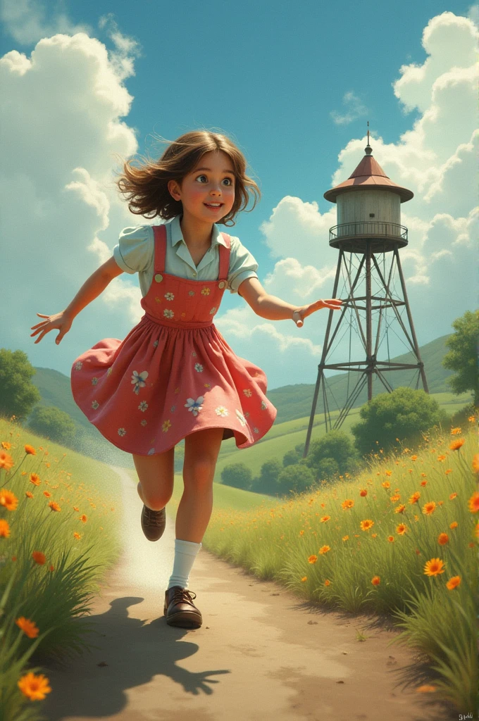 Water tower with spout chasing woman in pinafore vest