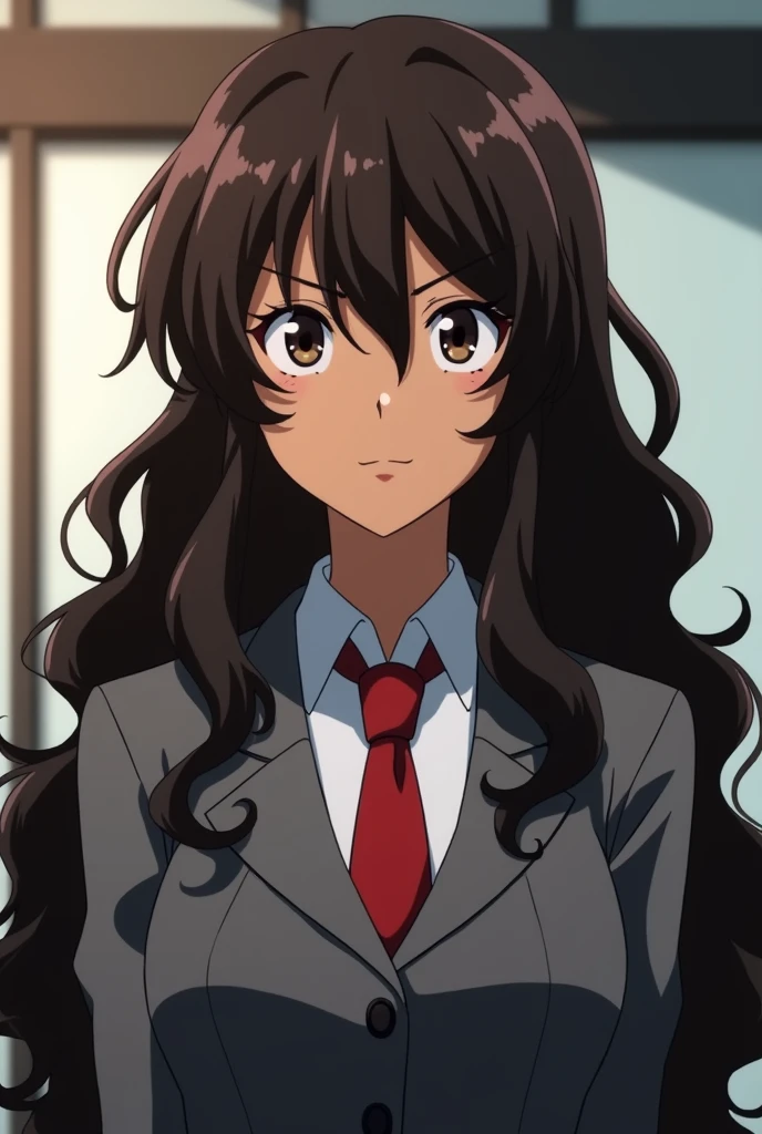 Boku no hero academia screenshot, beautiful woman, dark brown skin tone, long curly dark brown hair, slanted eyes, dark eyes, relaxed expression, uniform gray coat red tie