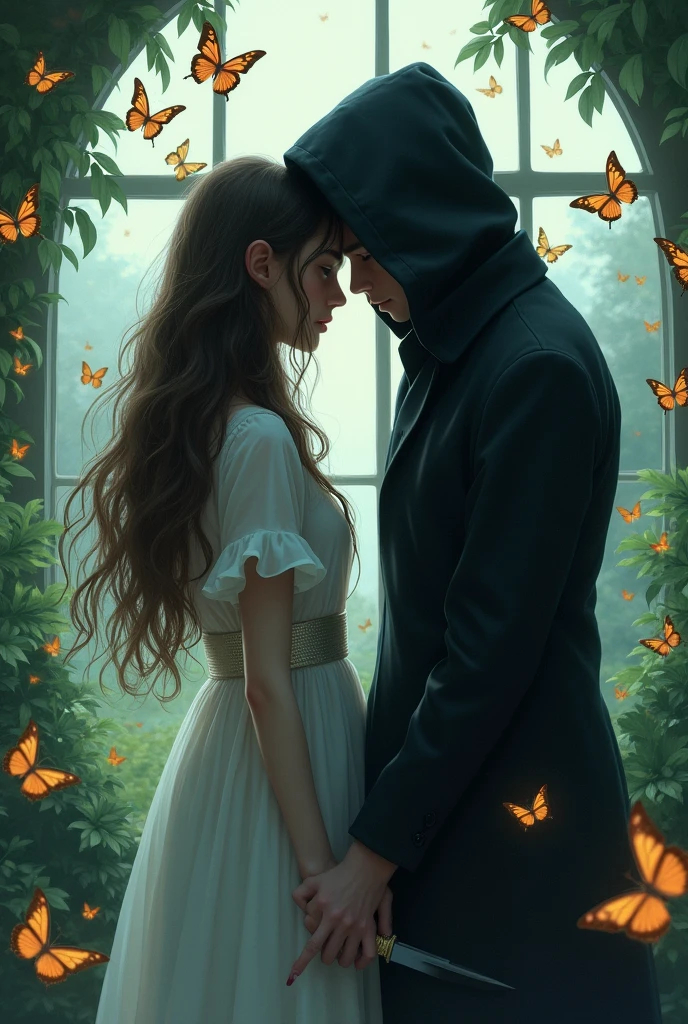Create an image where a boy and a girl are inside a butterfly house. She has a white nightgown and long hair.. The boy has a black hooded suit. She has her back to him while he speaks in her ear. more realistic and both are separated. They are both adults. MORE ADULTS AND HE IS BEHIND HER. BOTH SEPARATED AND MORE BUTTERFLIES. SEPARATED PLEASE LET THEM BE SEPARATED. more butterflies and the girl is holding a dagger. She has a white nightgown on 