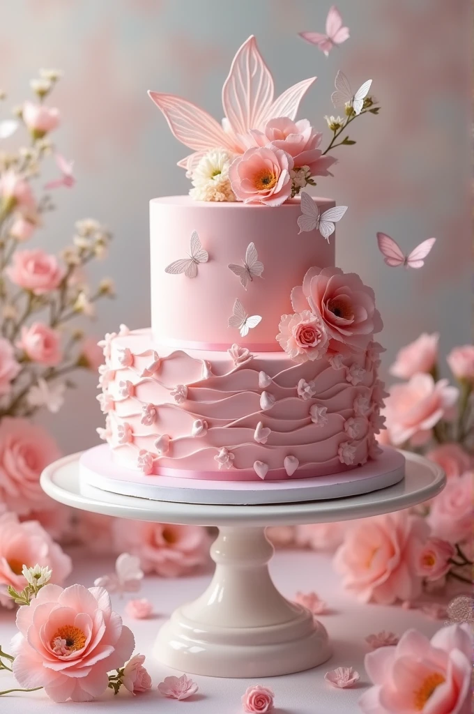 Make a light pink cake with bows and flowers and butterflies, the most beautiful in the world, that surpasses all the existing cakes in this world. One tier