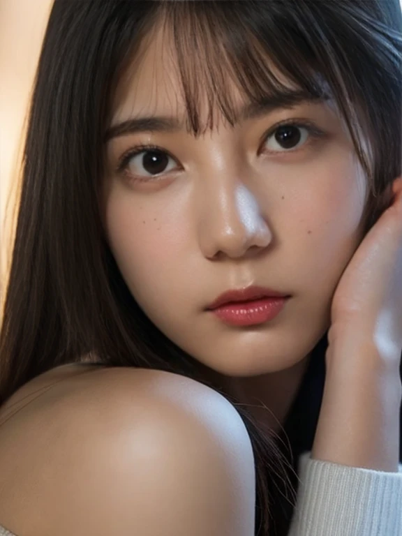 highest quality, Tabletop, 超A high resolution, (Realistic:1.4), RAW Photos, One Girl, Off the shoulder, In the Dark, Deep Shadow, Low Key, Cold Light, Detailed skin