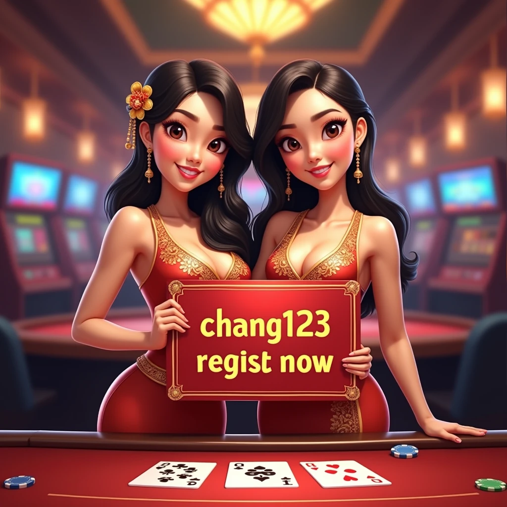 PG SLOT >> [chang123th.featuring] Direct web, upper body, two beautiful Thai women holding a sign "CHANG123 REGIST NOW" Cheerful, Happy, Casino Background, Thai Dress, Real Cartoon Pixar, Broken Chest, Standing Behind Poker Table, White Skin ,curvy, thai, Thailander, Thailand girls, Thailand, th