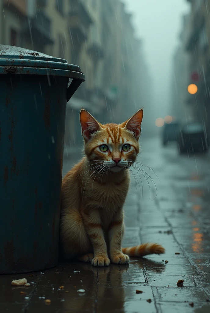 The Desperate Hunger
The cat, now round and heavy due to eating whatever it can find, but still frail and unhealthy, sits by a trash can, eyes hollow and desperate. The streets around it are wet from rain, adding to the bleak atmosphere.