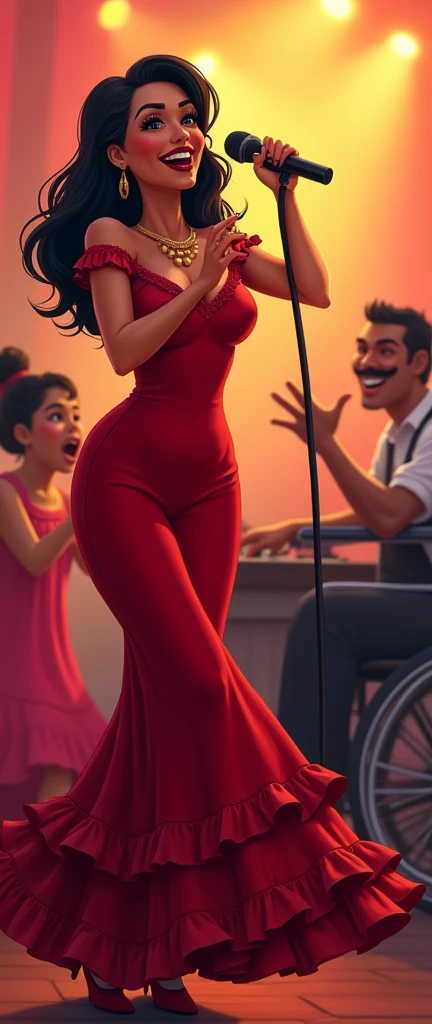 A happy latina female with red lips, and red spanish dress holding a microphone and singing salsa with a Paralized happy latino black male with a mustaches plyaing the piano and a latina girl signing ñ.
