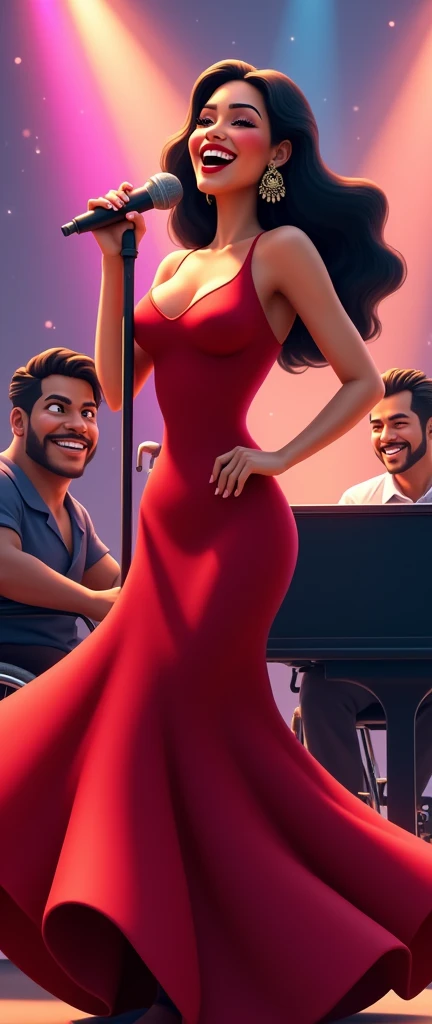 A happy latina female with red lips, and red spanish dress holding a microphone and singing salsa with a Paralized happy latino black male with a mustaches plyaing the piano and a latina  girl signing ñ.