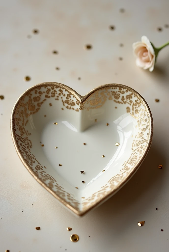 A charming ceramic dish shaped like a heart, with intricate, vintage filigree patterns along the edges. The creamy white glaze is speckled with tiny gold dots, giving it a cute yet sophisticated look. The dish evokes a sense of nostalgia, perfect for holding trinkets or jewelry.