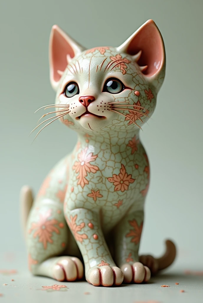 A ceramic figurine of a playful kitten, its body decorated with a mix of antique floral and geometric patterns. The muted pastel colors add a cute touch, while the crackled glaze and worn edges give it a timeless, antique feel, making it a lovely addition to any collection