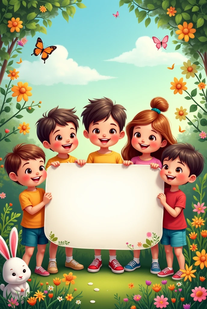 Create an English vocabulary book cover with some very cute little kids holding a blank sign that is very cute and creative with lots of flowers and animals