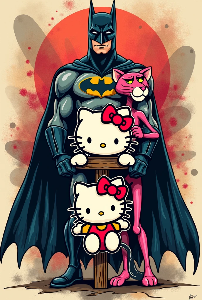 Tattoo of batman and the pink panther holding a hello kitty sign