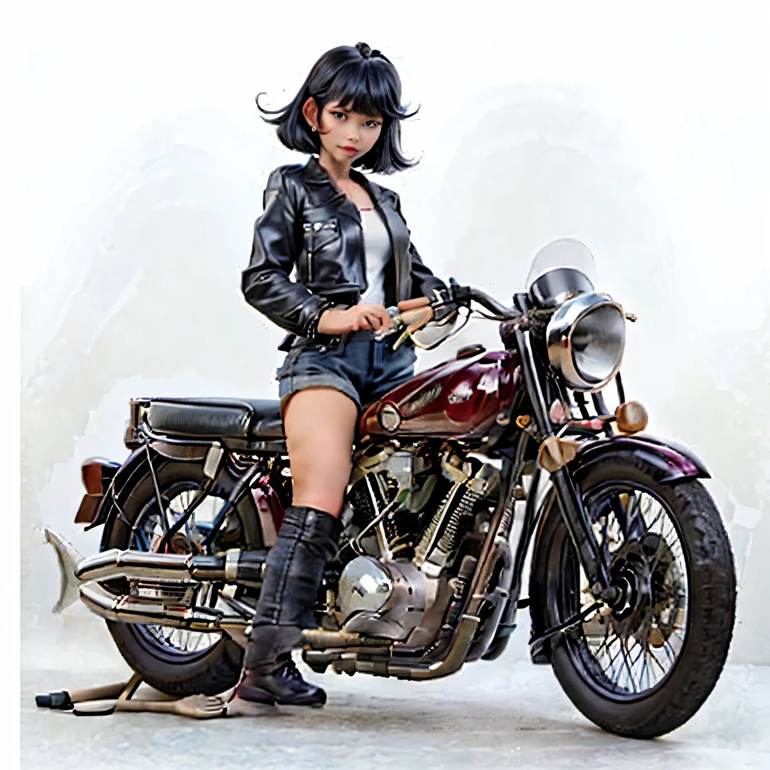 (磁器people形)、(陶磁器people形)、(Ride a classic motorcycle:1.2 )、(Vintage Bikes、Bluff Superior SS100)、美しい若い日本people女性、Beautiful Face, Black Hair, Short Bob Hair, Red classic leather jacket、leather shorts、boots、goggles、Take a photo of the entire bike、(people々々And the size balance of the motorcycle is our number one priority.:1.2)、Blur the background、((No background))、((White Background))、((Plain background))、((No logo))、(Highest quality、High resolution、masterpiece)、(3d)、4K、8k、wallpaper、