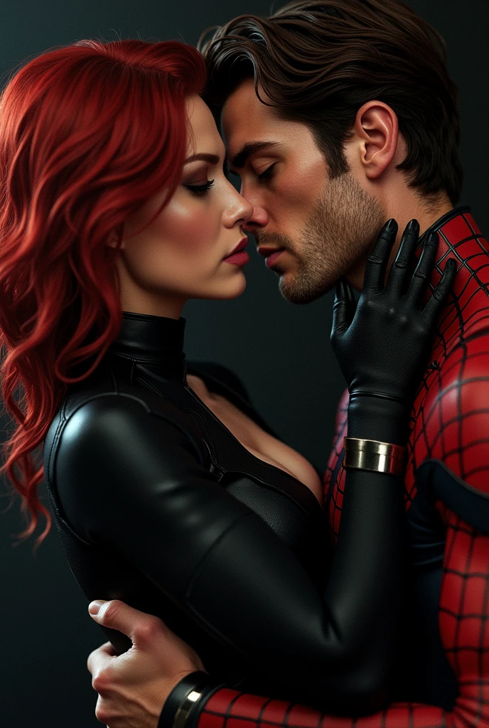 Black Widow in a very sexy outfit kissing Andrew Garfield&#39;s Peter Parker 