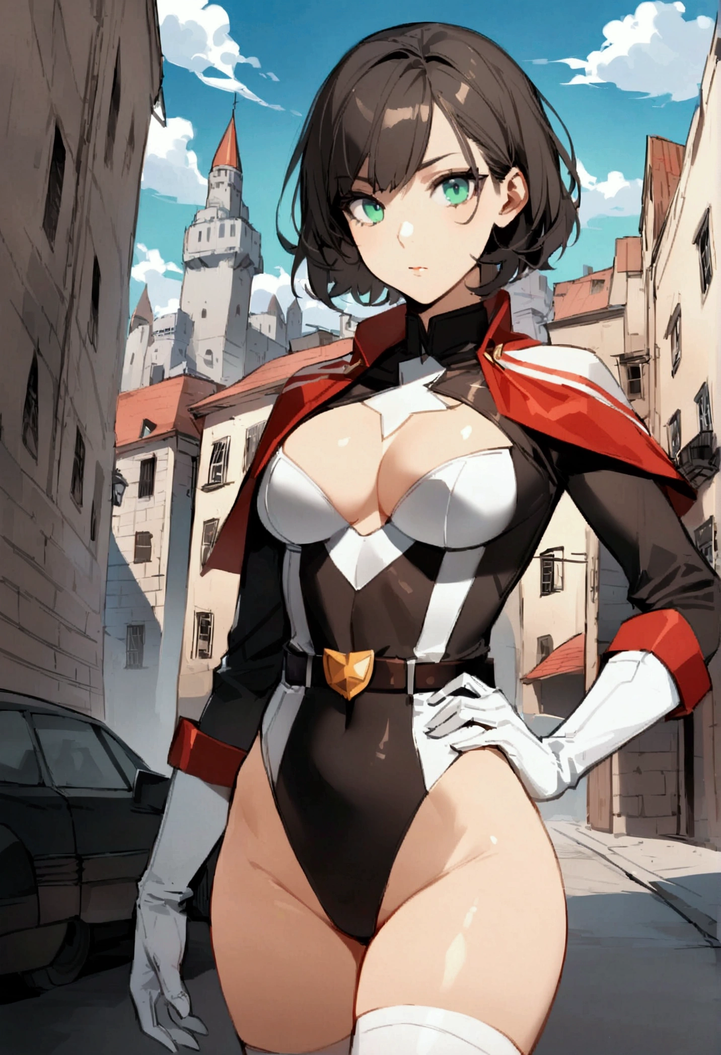 1 girl, belt, by rubio, green eyes, old, building, city, 1 girl, belt, by rubio, blue eyes, old, building, auto, castillo, city, cityscape, gloves, land vehicle, hand on hip, looking at the viewer, leotard, Motor vehicle, outdoor, short hair, sky, skyscraper, Alone, superhero, thighs, semaphore, white gloves, White boots, (white maple leaf (symbol) on the chest). backdrop, cowboy shot, Full body costume design. superhero
