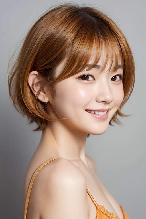 masterpiece, (photo realistic:1.2),(full body),14才, young japanese girl, puffy face, (broad jawline:1.2), shiny skin, detailed skin, ((no makeup)), pale orange hair, messy hair, short Bob Cut, front view , close-up, from bottom, (laugh out), チュールスカート