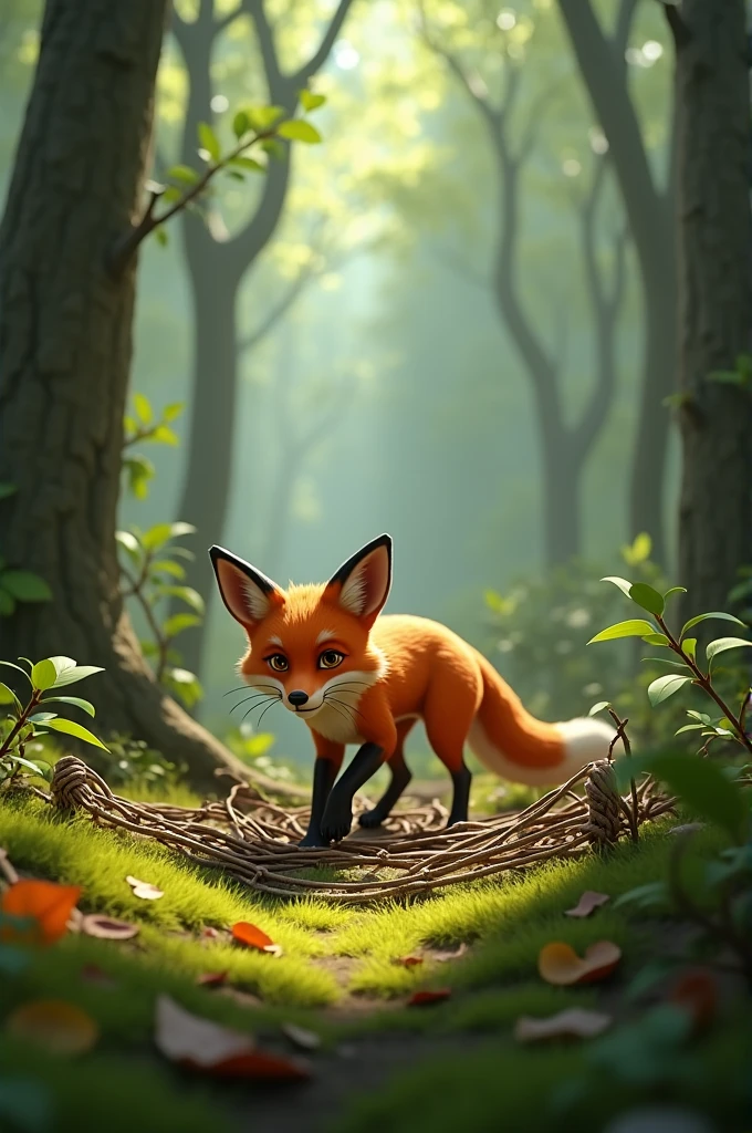 In 3D animation style The fox discreetly setting up a trap with ropes and branches under the tree.