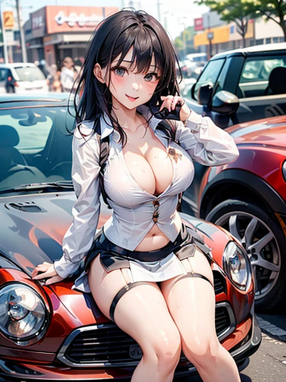 ((Highest quality)), ((masterpiece)), (detailed), One person,Age 25,Race Queen,model,(Sit on the hood of a car),(White mini skirt),(Blue top),(Open the buttons on your shirt),Navel exposed,Big Breasts,blush,Underbust,(Her cleavage is visible),(Excited expression),(Captivating look),Several men with cameras,(modelの女の子を囲みます),(Excited Men).Browsing Caution,sexy,(Put your hands together)Sweat,(Black garter belt),(Move your tongue up and down),