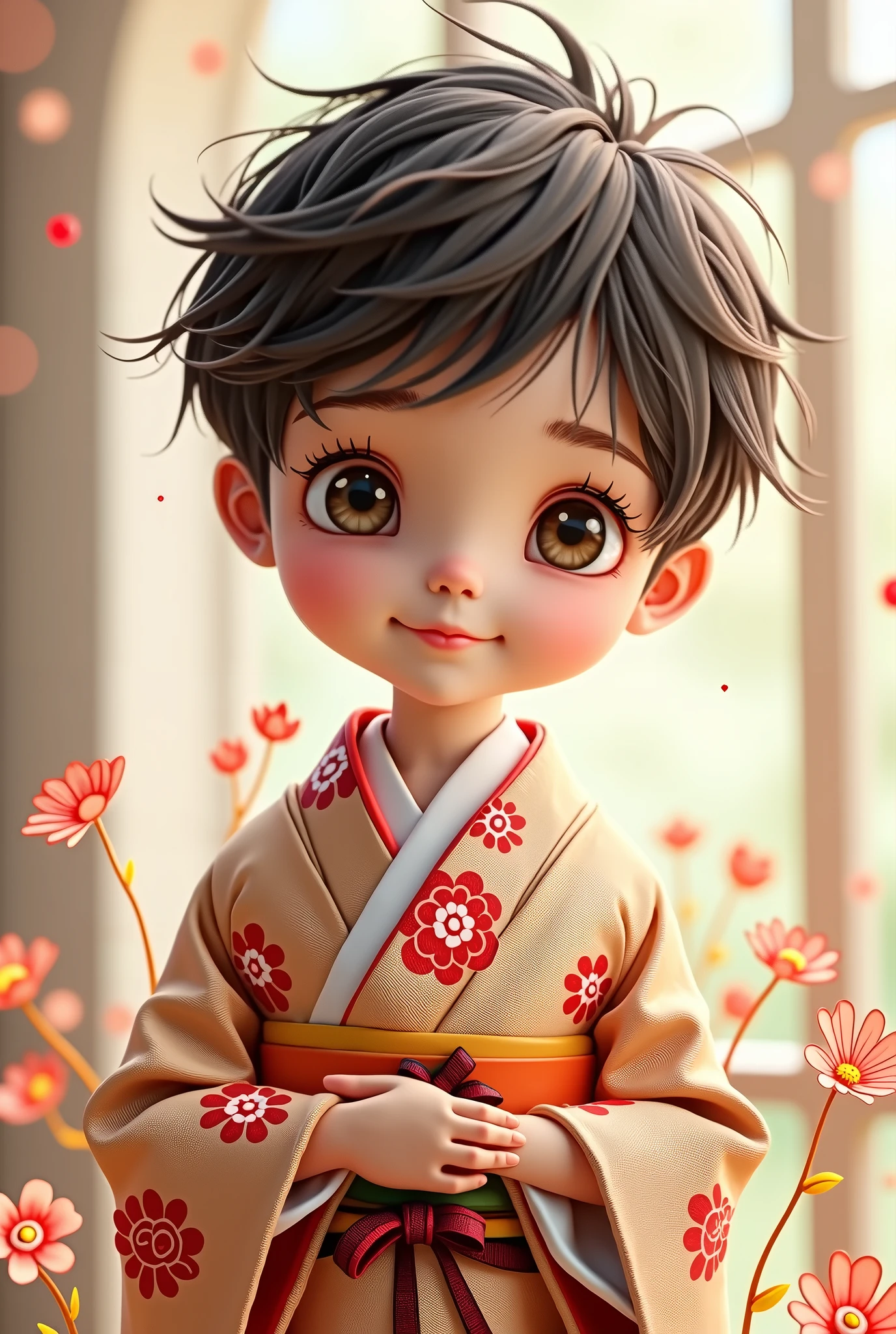 A cute boy wearing kimono